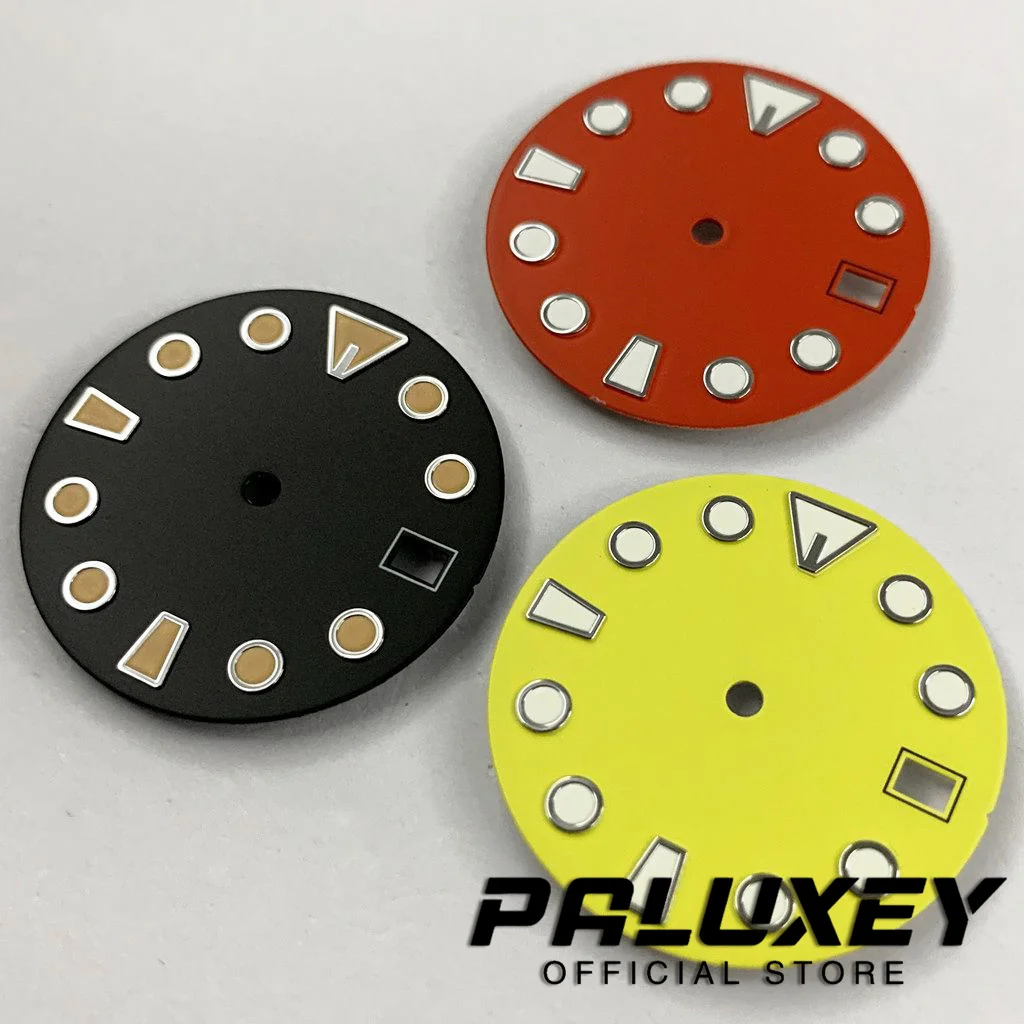 NH35 레드 옐로우 블랙 시계 다이얼, 녹색 야광 시계 페이스, NH35A 4R35 무브먼트 핏, 3 시 시계, 3.8O 시계 케이스 크라운, 28.5mm