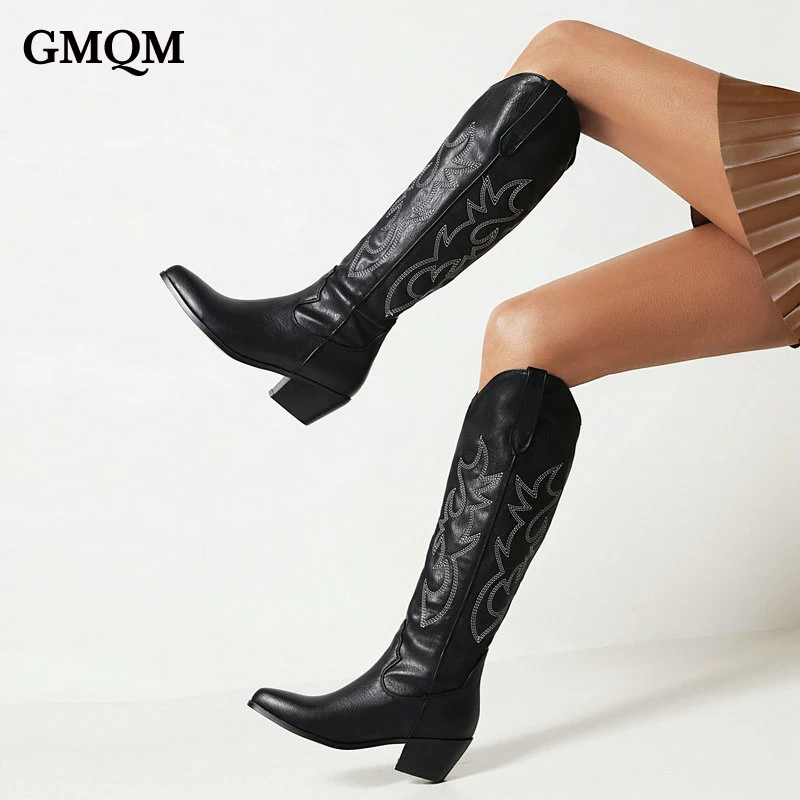 GMQM Fashion Women Shoes Knee High Boots Vintage Cool Cowgirls Cowboy Western Boots Suede Leather PU Chunky Heels Pointed Toe