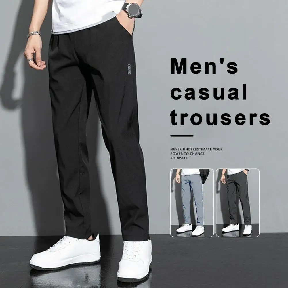 Men Pants Straigtht Thin Soft Breathable Mid Waist Stretchy Quick Dry Loose Pockets Solid Color Men Long Straight Trousers