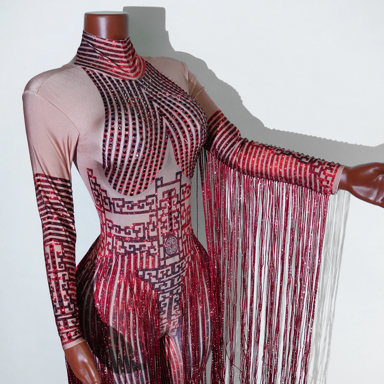 새로운 레드 그리핀 마스크 바 및 클럽 파티 라인 석 머리 장식 Ds 성능 의상 섹시하고 과장된 머리 장식 Forwomenjmpsuit