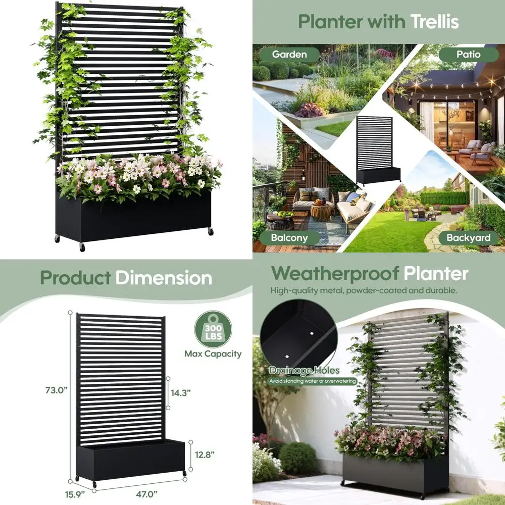 

metal planter box with trellis privacy screen, raised garden bed with trellis & wheels, privacy planters for patio, planter box