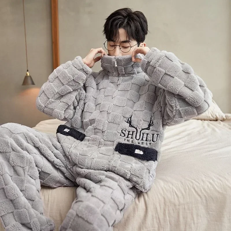 Autumn Winter Homewear Coral Velvet Pajamas Men Sleepwear Suit Plush Thicken Nightgown Student Cute Large Flannel Loungewear Set