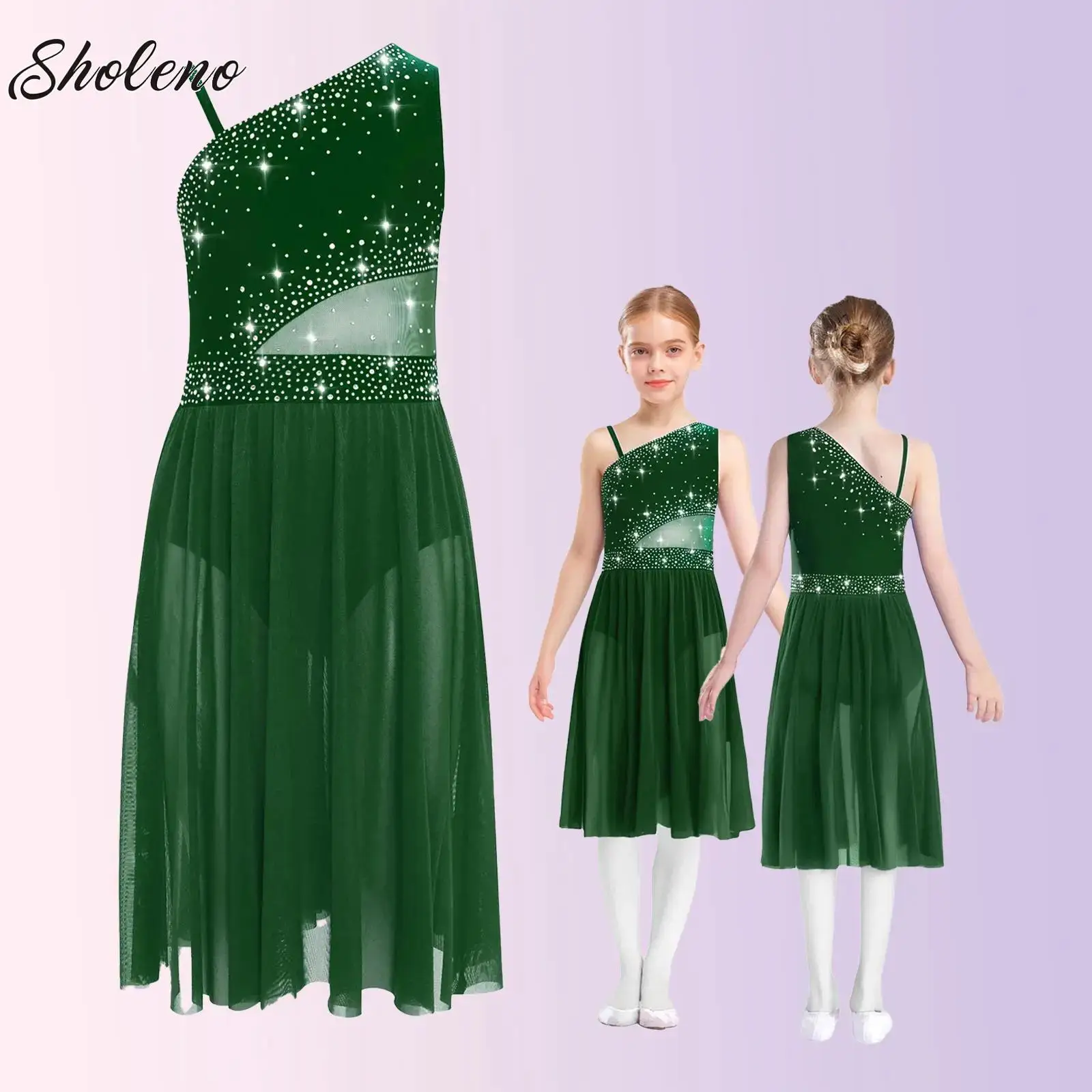 

Kids Girls Sleeveless Ballet Dance Dress Shiny Rhinestones Mesh Skirted Leotard Gymnastics Modern Contemporary Lyrical Clothes