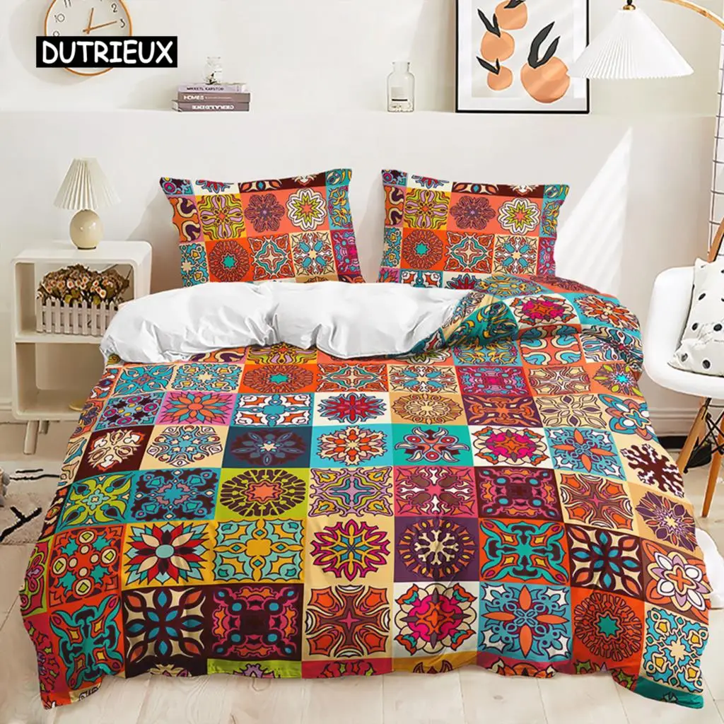 Set biancheria da letto bohémien Copripiumino con fiori Boho Federe per nazionalità esotica Queen King per decorazioni per la camera da letto di coppia di donne