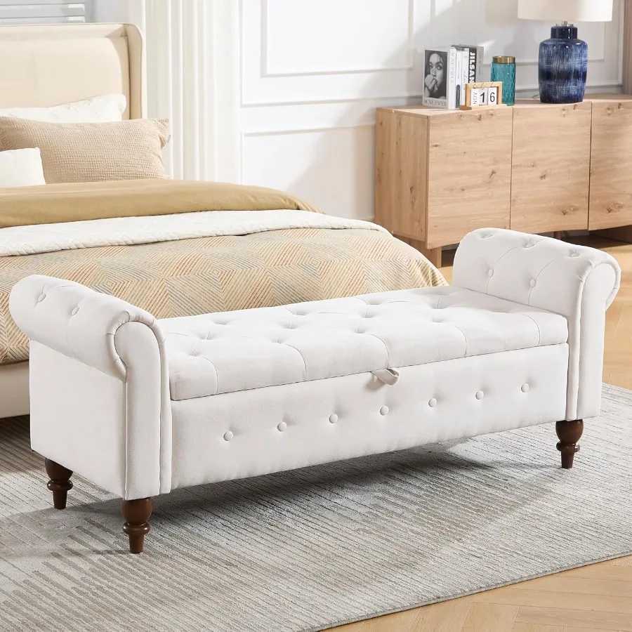 

63-концевая скамейка для хранения вещей для спальни, мягкое османское сиденье с местом для хранения вещей для гостиной, окна, прихожей, бежевого льна