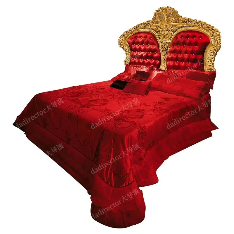 

European-Style Luxury Wood Carved Fabric Bed French Gold Foil Marriage Bed 1.8 M Bedroom