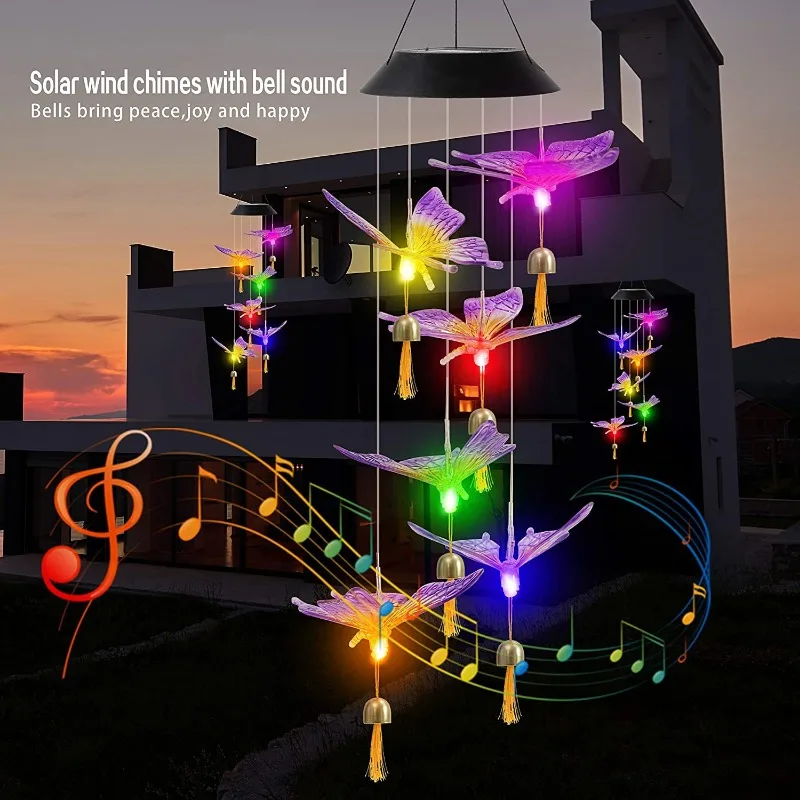 1PC Hanging Solar Garden Decor Light Butterfly Bell Solar Wind Chime Color Changing Solar Lamp Outdoor Waterproof Garden Yard