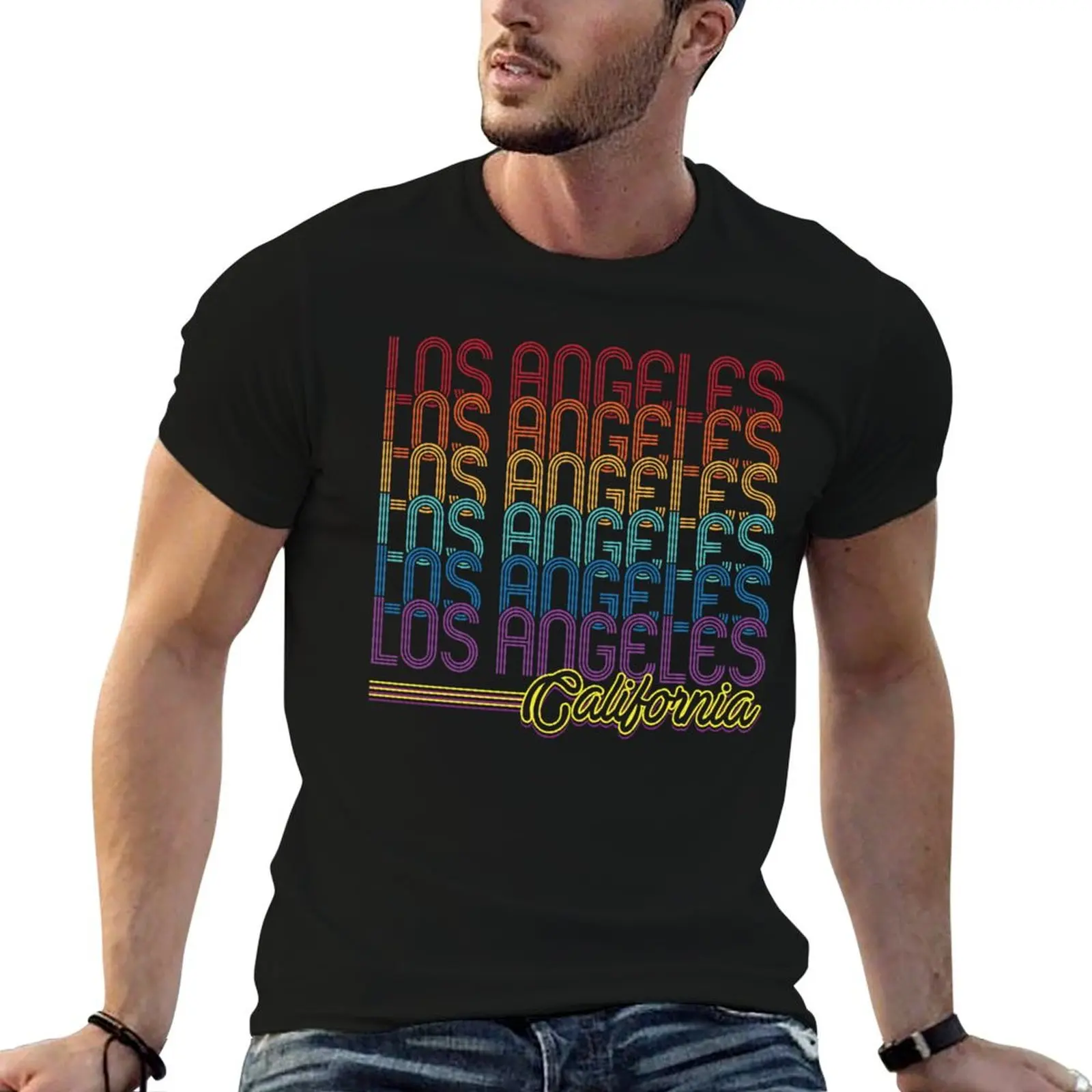 Los Angeles California Typographic Repeated Color Text T-Shirt Anti-Wrinkle Short Sleeve T-Shirt