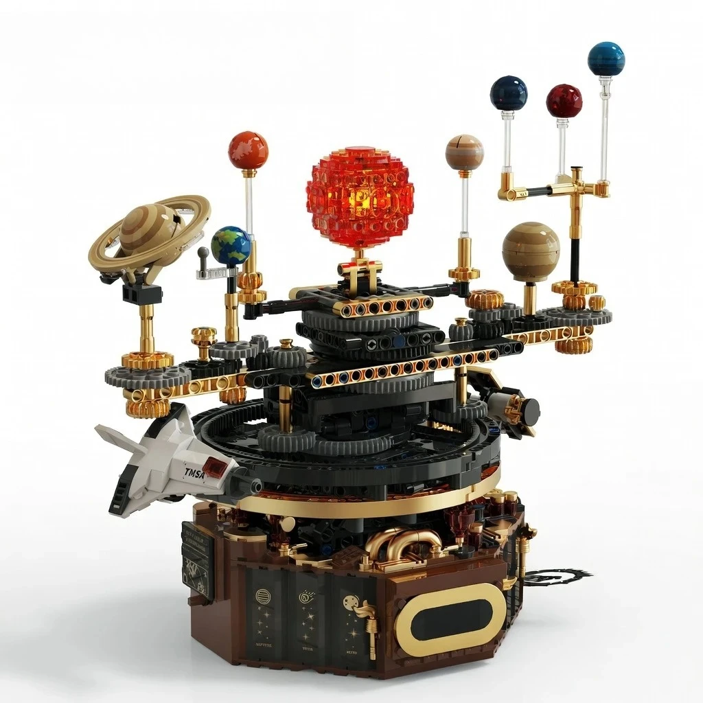 Mechanical Space Solar System Building Block, 1098pcs STEM Electric Manual Planetarium, MOC Light Desktop Decor, Box