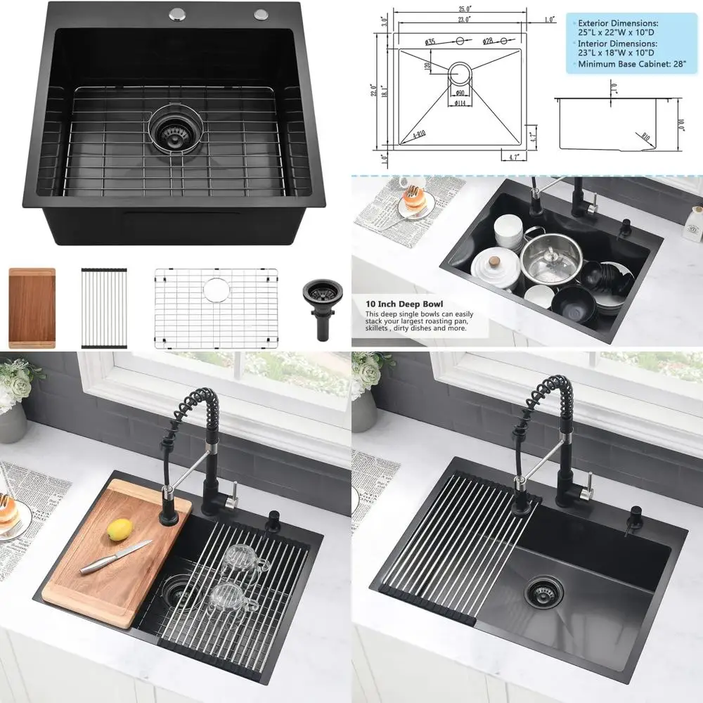 وعاء مطبخ فردي عميق 25 × 22 بوصة من الفولاذ المقاوم للصدأ باللون الأسود في 16 مقياسًا، سعة كبيرة، تصميم عصري