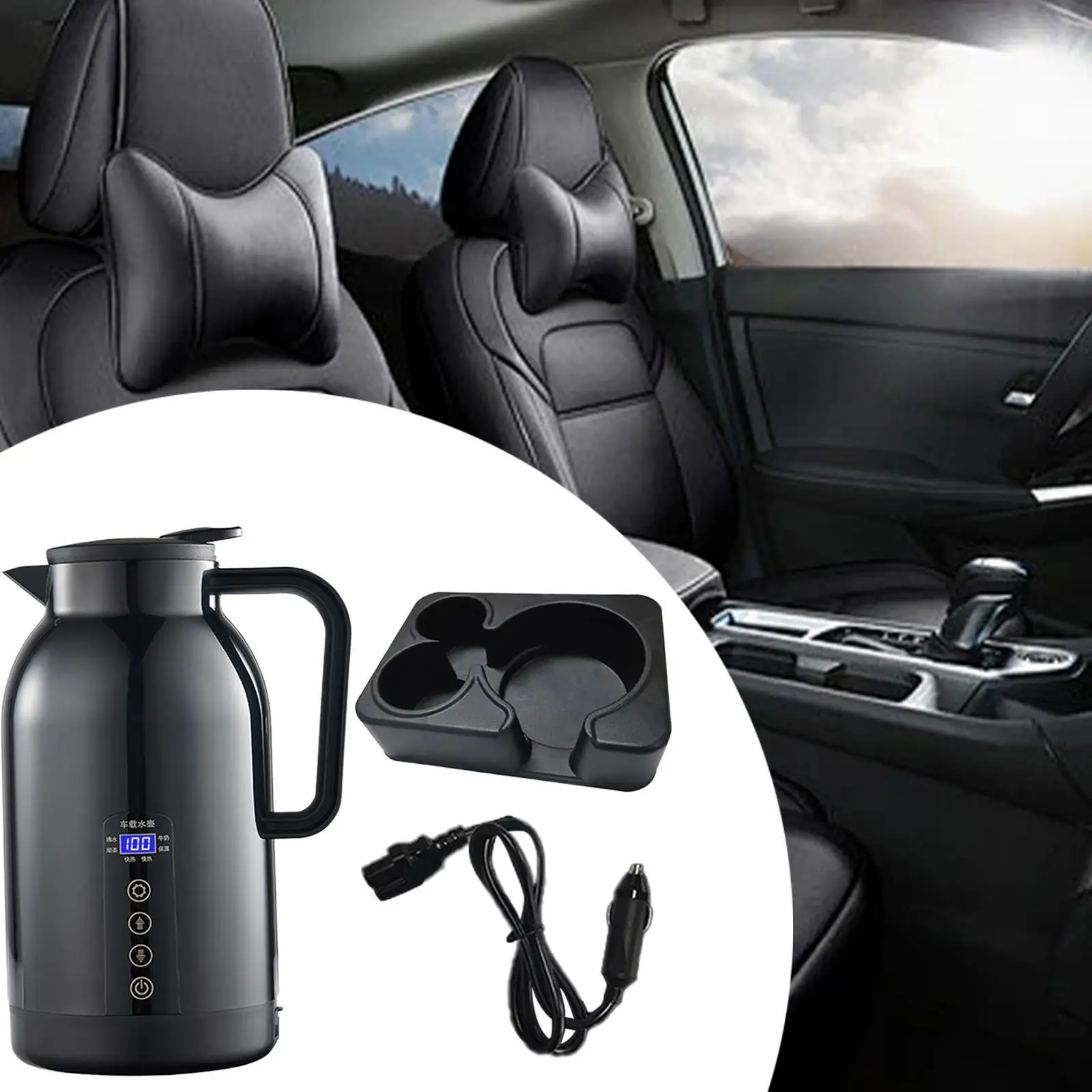 12V/24V 1.3 L Car Kettle Water Boiler for Self Driving Trip Leakproof Lid Large Capacity Multipurpose Car Heating Cup 13x26cm