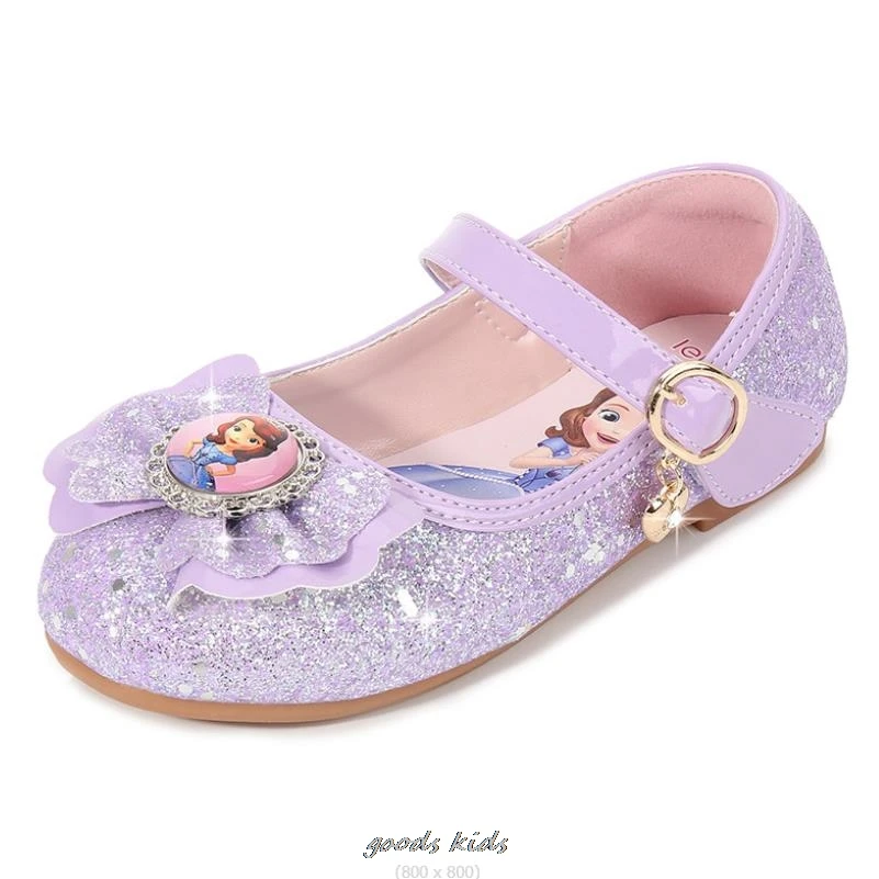 Princess Kids Leather Shoes for Girls Sofia Casual Glitter Children Flat Heel Girls Shoes Butterfly Knot Blue Pink Size 26-36