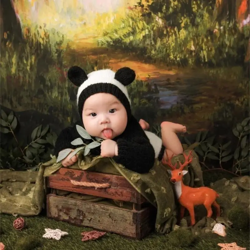 

Q22d 2pcs Photography Props для мальчика девочка Unisex Unisex Компьют Panda ear hat treargle romper