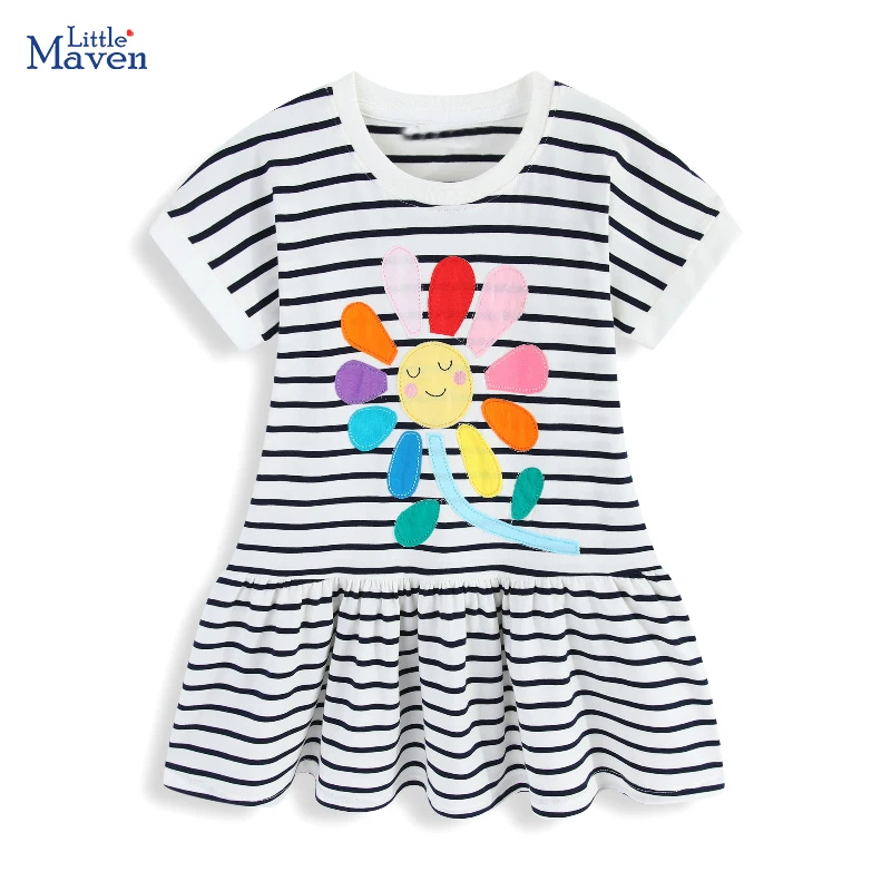 Little Maven Baby Mädchen 2026 Sommer Neue Kinderkleidung Geburtstag Regenbogen Blumen Gestreifte Kleider 2–7 Jahre Kinderkleidung