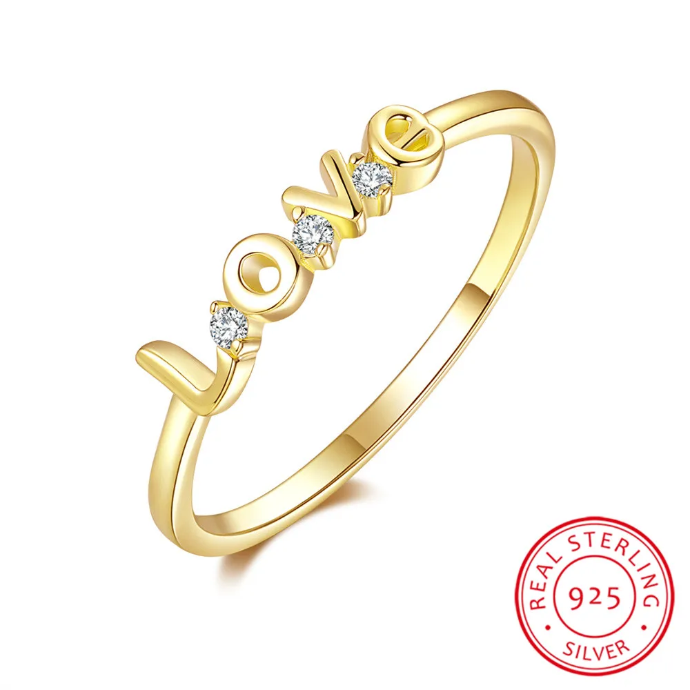 

Real 925 Sterling Silver Round Stone LOVE Engagement Rings For Women Vintage Gold Color White Zircon Wedding Band Bridal Jewelry