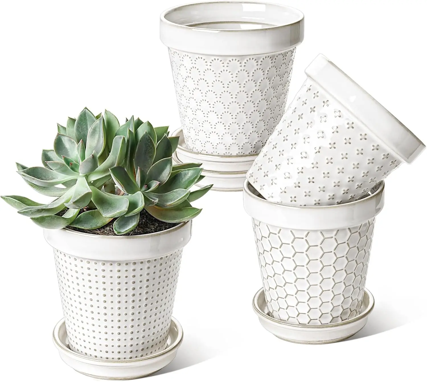 Ceramic Plant Pots, 4.9 Inch Flower Pots with Drainage Hole & Saucer, Embossed Planter Pots for Indoor Plant Succulent,