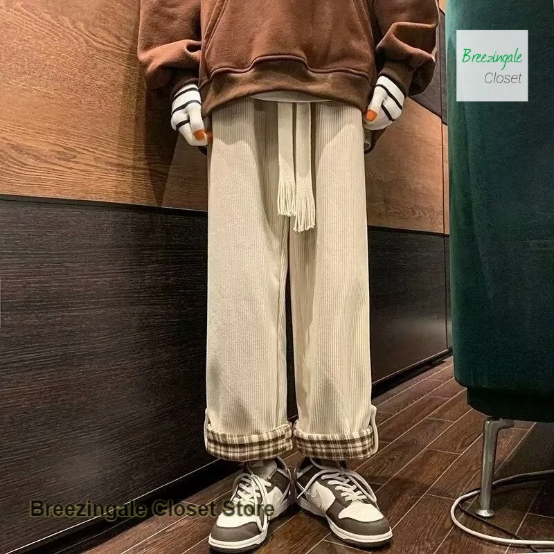 Pantaloni dritti a gamba larga con flangia scozzese in velluto a coste retrò allentato alla moda in stile giapponese Pantaloni casual dal design autunnale e invernale da donna