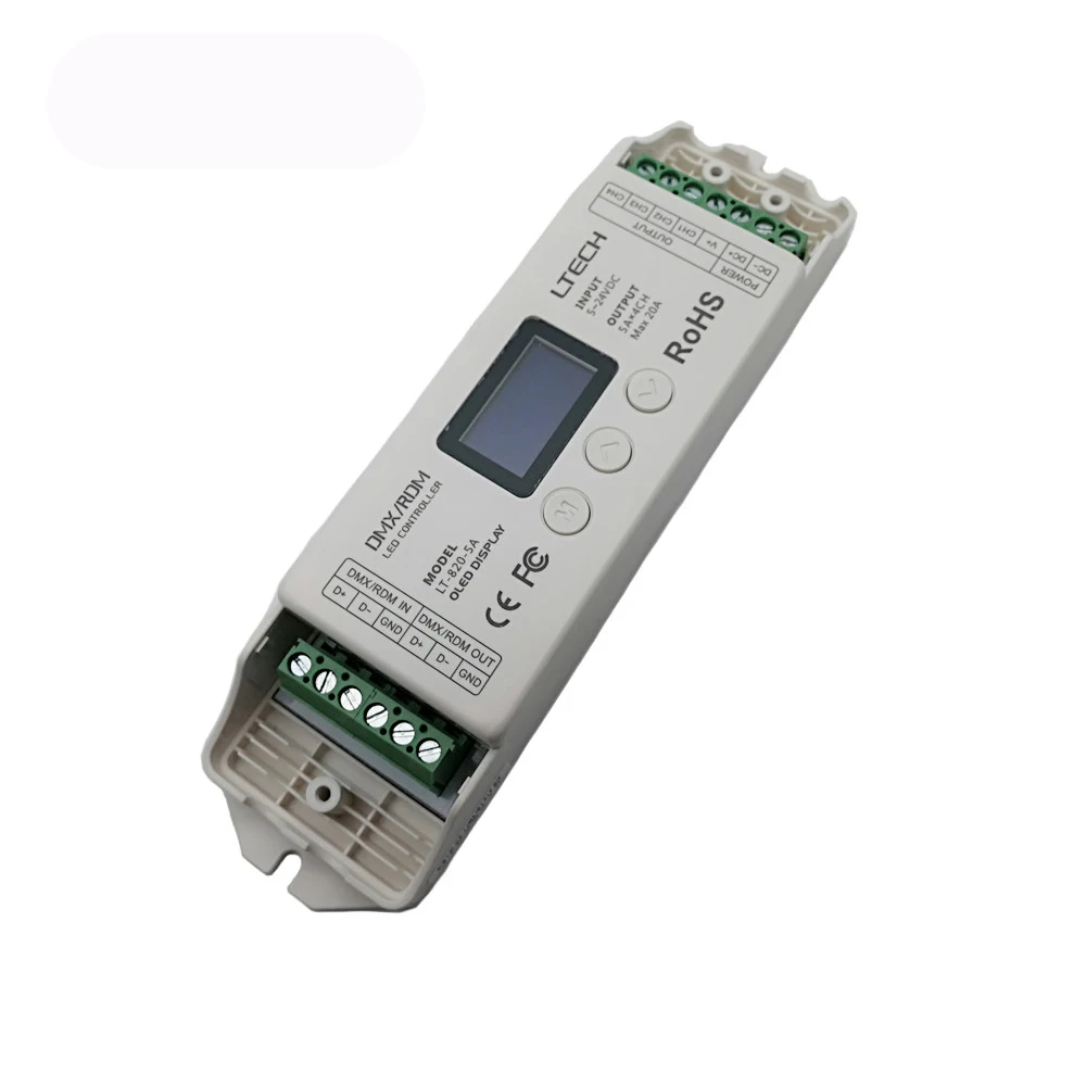 LTECH New Led DMX512 Decoder 4 Channel Output RGBW Strip Controller 12V 24V 5A/4CH DMX Slave PWM Bits OLED Display LT-820-5A