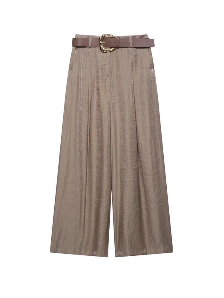 سراويل عالية الخصر واسعة الساق للنساء سراويل نسائية عصرية بحزام أمامي وجيوب جانبية