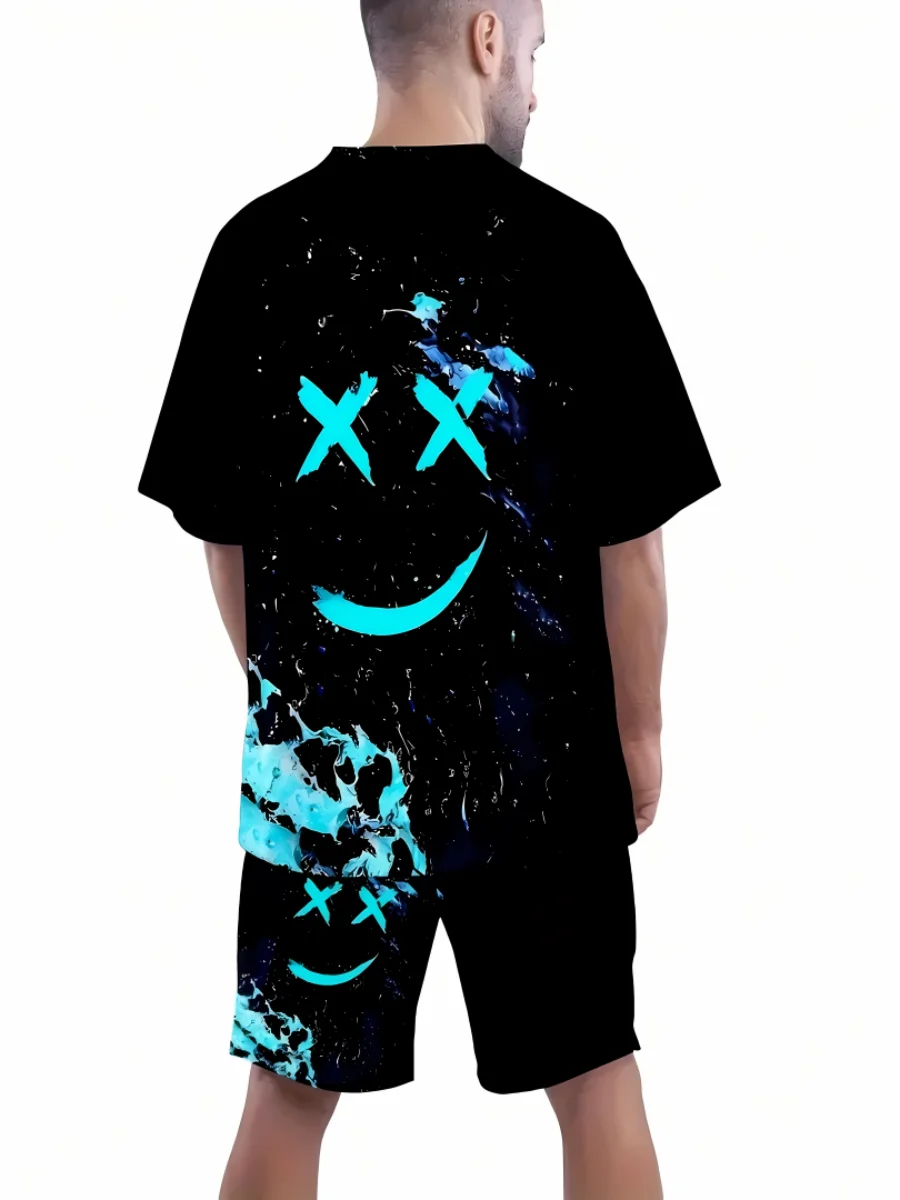 Sommer Herren T-Shirt Cartoon bedrucktes Muster atmungsaktives leichtes Polyester Herren T-Shirt Kurzarm Shorts Set