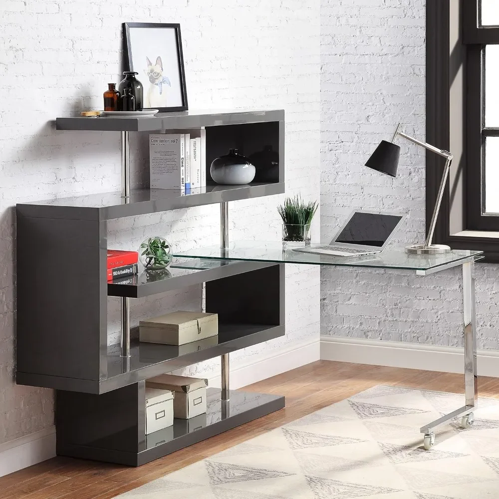 

L Shaped Computer Desk, 360° Rotating Corner Home Office Desk with Storage Shelves & Glass Tabletop, Large Writing Study