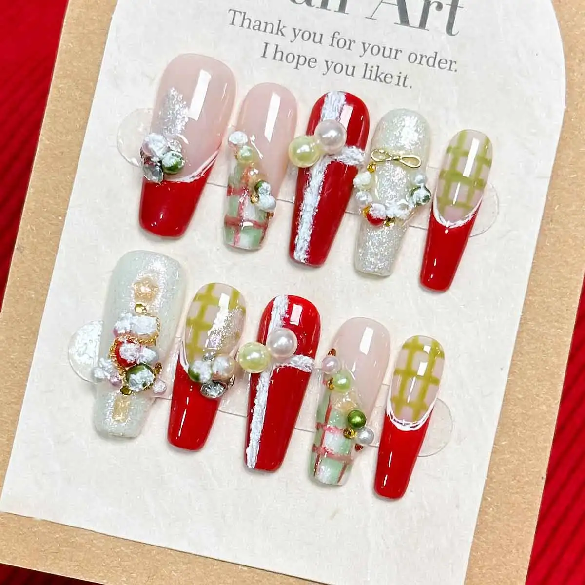 10pcs Handmade Press on Nails Long Coffin-Shaped Nails,Christmas Fake Nails, New Year's Nails,Pearl Garland French False Nails