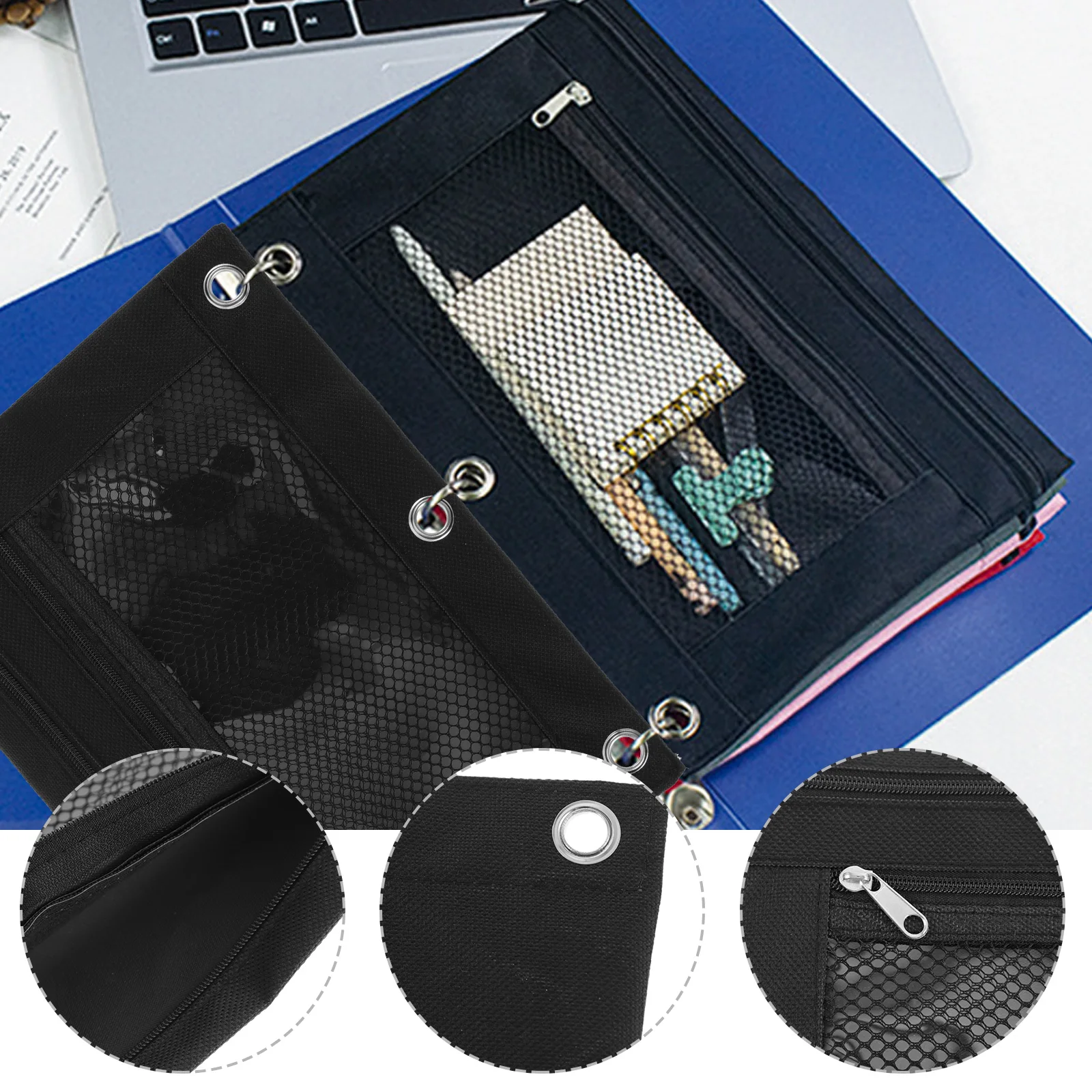 

Pencil Pouch Black B5 Oxford Cloth Binder Ring Documents Storage Portable Mesh Bag Zipper Pen Holder Stationery File Folder