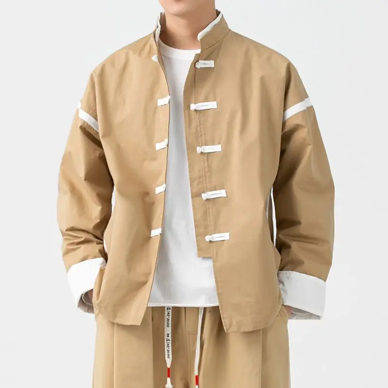 

New Chinese Sle Stand Collar Tang Suit Casual Hanfu Zen Clothing Spring Autumn Pure Cotton Jaet Men Large Size Loose Fit