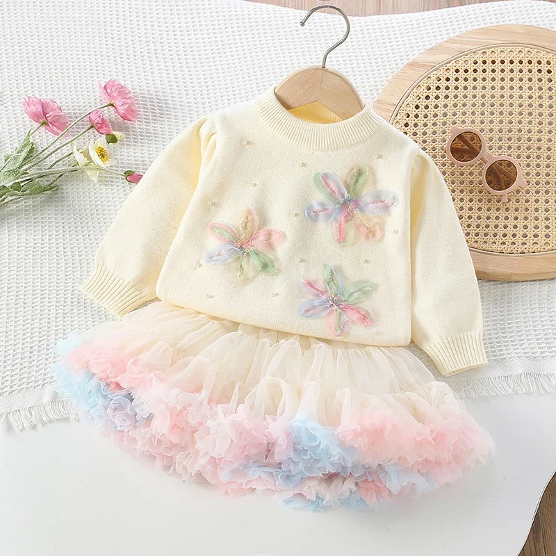 2026 neue Frühjahr 2-6Yrs Kinder Kleidung Set Baby Mädchen Gestrickte Kleidung Anzug Lange Ärmeln Gestrickte Pullover Pullover + Kurzen rock