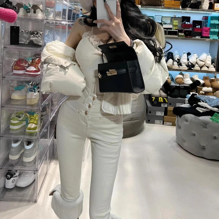 하이웨이스트 섹시 나인 포인트 슬림핏 버튼 다운 데님 팬츠 여성용 블랙 화이트 한국 스타일 캐주얼 코튼 스트레치 진