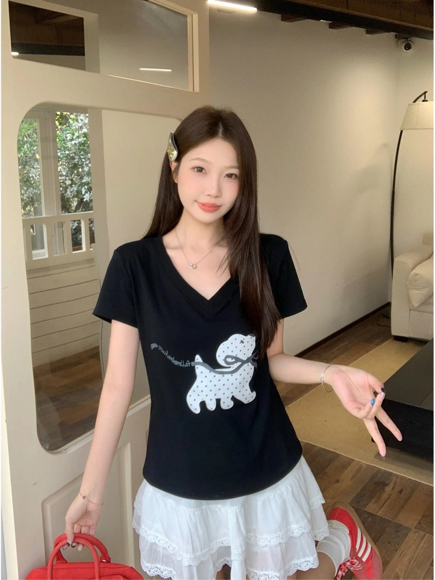 

plus Size Women's Sweet Spicy Short Sleeve T-Shirt V-Neck Printed Slimming Waist High Waist Commute Style Korean Version Summ...
