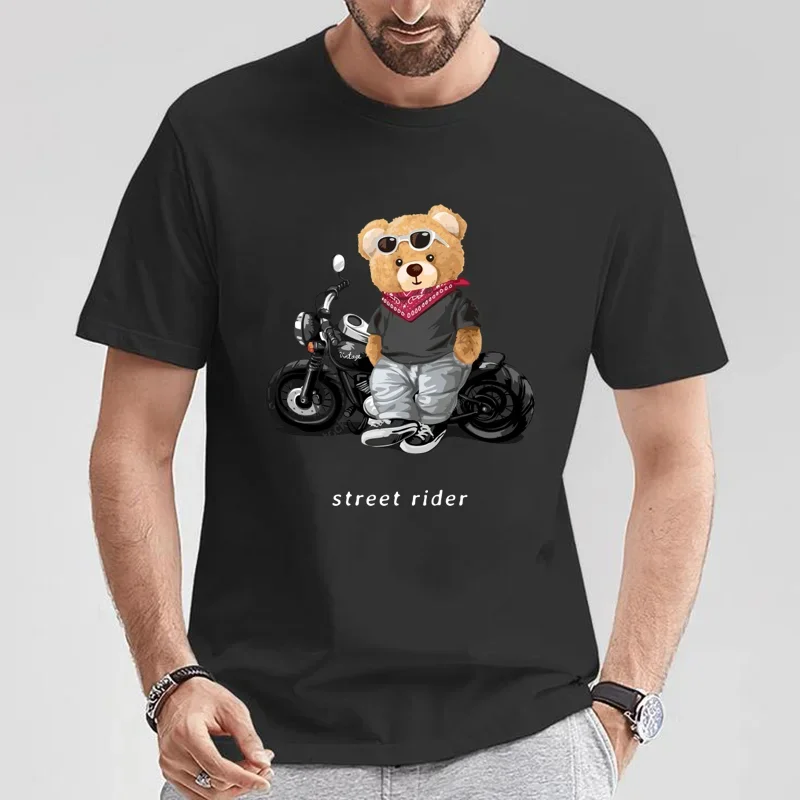 

Motorcycle Lovers Street Teddy Knight Print T-Shirt Men's Loose Casual Short Sleeve Summer 100% Cotton Clothing in 2024