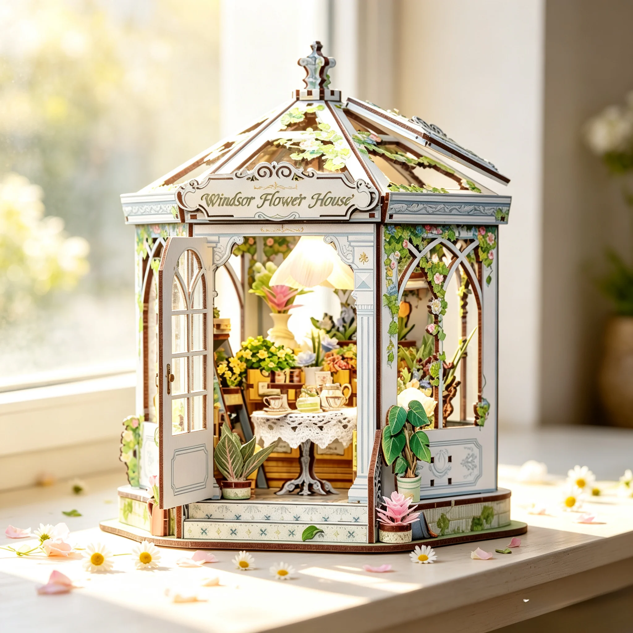 Windsor Flower House DIY Book Nook Kit 3D Wooden Puzzle Model Building Set with LED Light Mini Dollhouse Bookshelf Birthday Gift