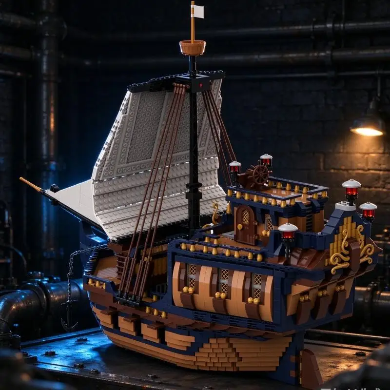 Pirate Sailing Ship MOC Bricks Wooden Hull Treasure Island Model DIY Building Brick Kit Desktop Scene Ornament