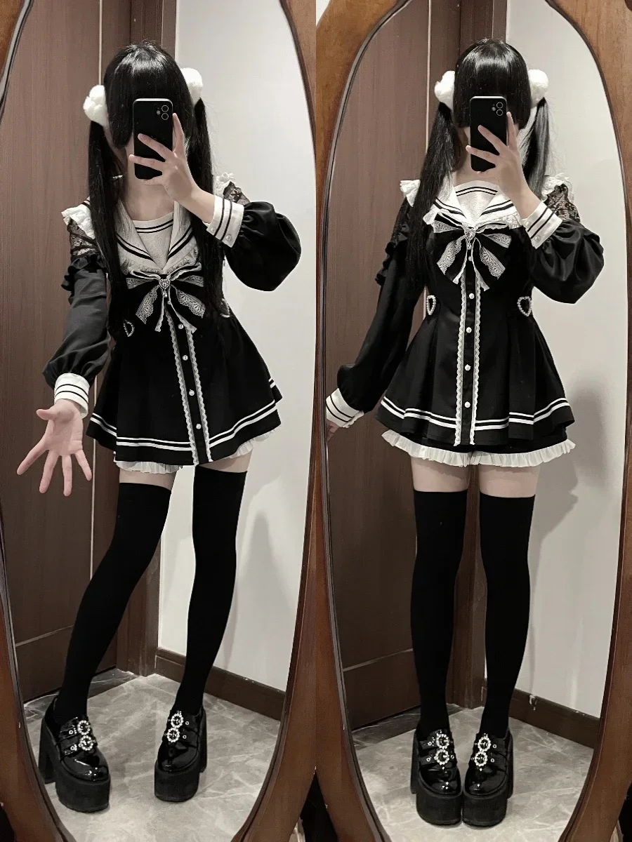 Original Mine Mass-Produced Top and Shorts Suit Female Girls Water Color Black and White Sailor Collar Slim Shirt Dress Outfits