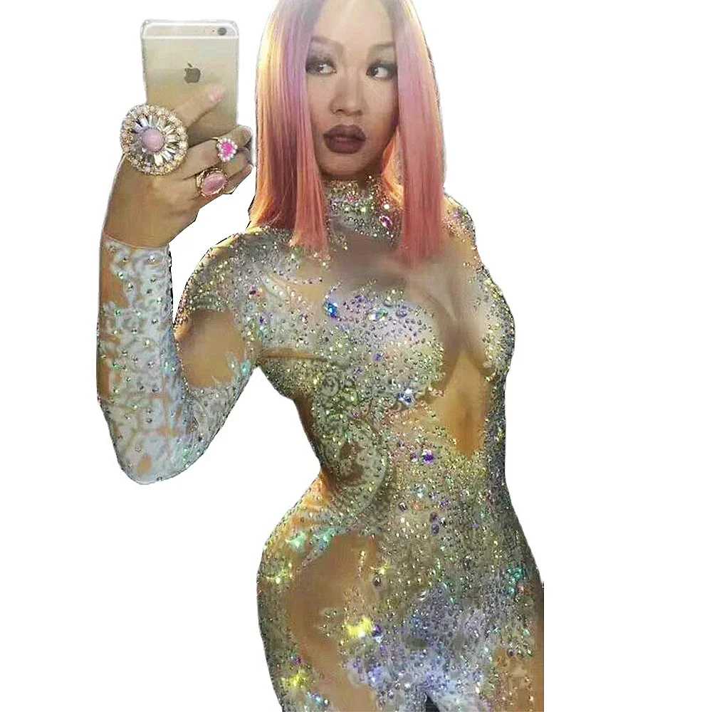 

Women Sparkly Rhinestones Long SLeeve Nightclub DJ Singer Performance Stage Jumpsuits Prom Party Birthday Clelebrate Costume