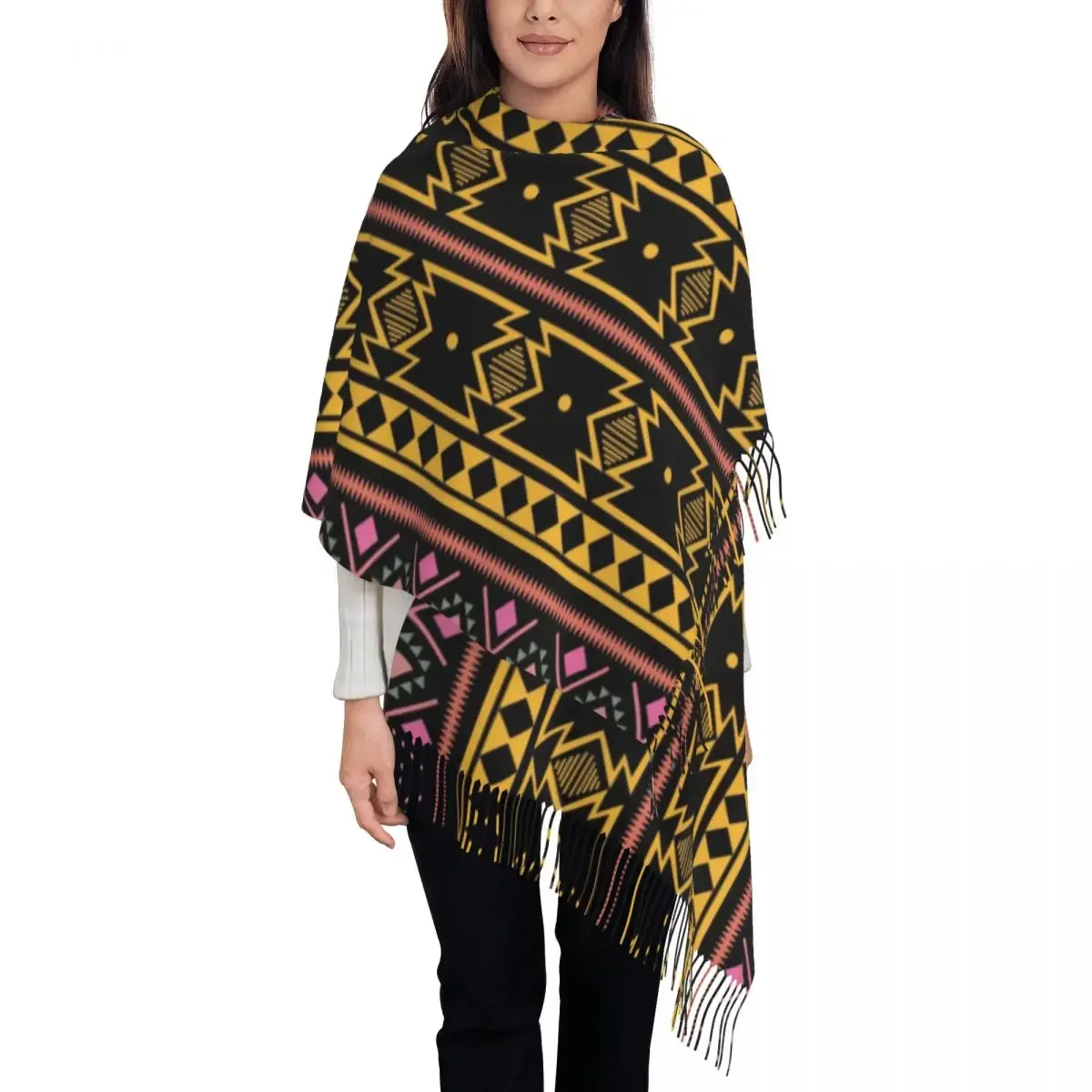 Stylish Geometric Amazigh Kabyle Tattoo Tassel Scarf Women Winter Warm Shawls Wraps Female Berber Africa Carpet Scarves