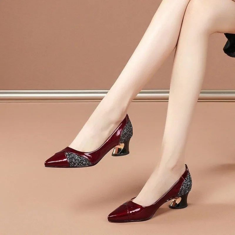 Fashion Shoes Women's High Heels Middle Heeled Elegant Wedding Shoes Pumps Women Sexy Red Pointed Toe Shallow Slip-On Party Shoe