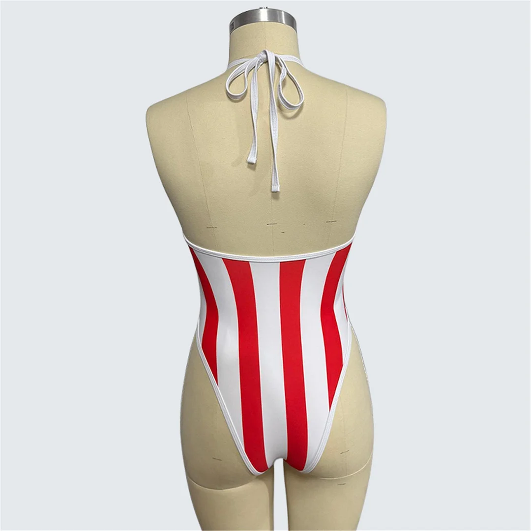 S - XXL, Badeanzug mit Flaggenmuster, trägerloses Design, hoher Beinausschnitt, einteiliger Badeanzug für Damen, Badebekleidung, Monokini, gepolsterter Badeanzug, Badeanzug, Modell V7542. – Detail 9