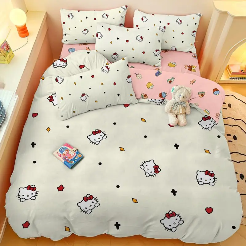 

Hello Kitty Anime Kawaii Sanrio Bed Cover Mat 3 4-Piece Set Cute Cartoon Kt Cat Bed Decoration Pillow Cover Gifts for Kids