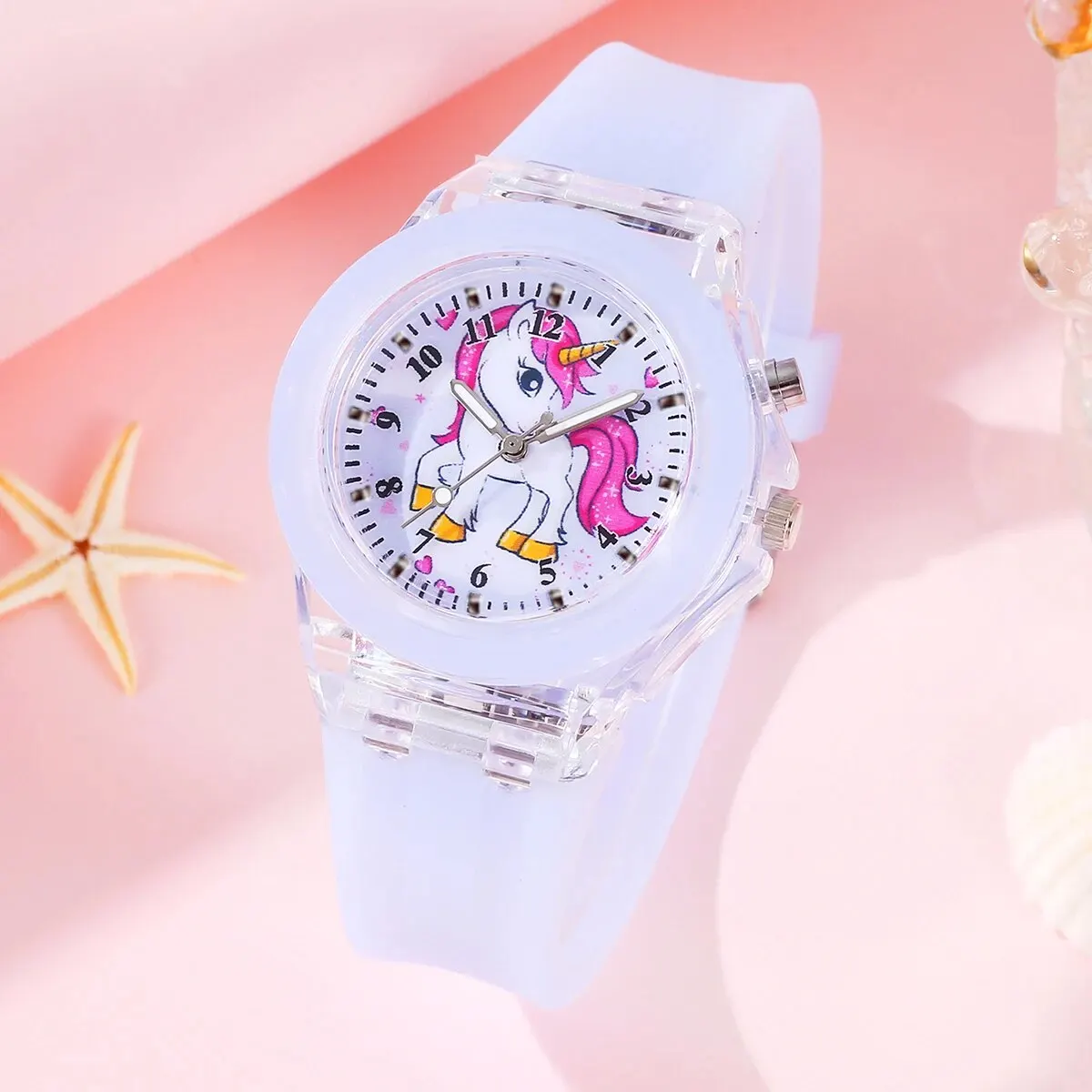 5Pcs Ladies Little Fresh Jelly Unicorn Middle And High School Designer Silica Gel Band Quartz Watch Purple Unicorn Jewelry Set