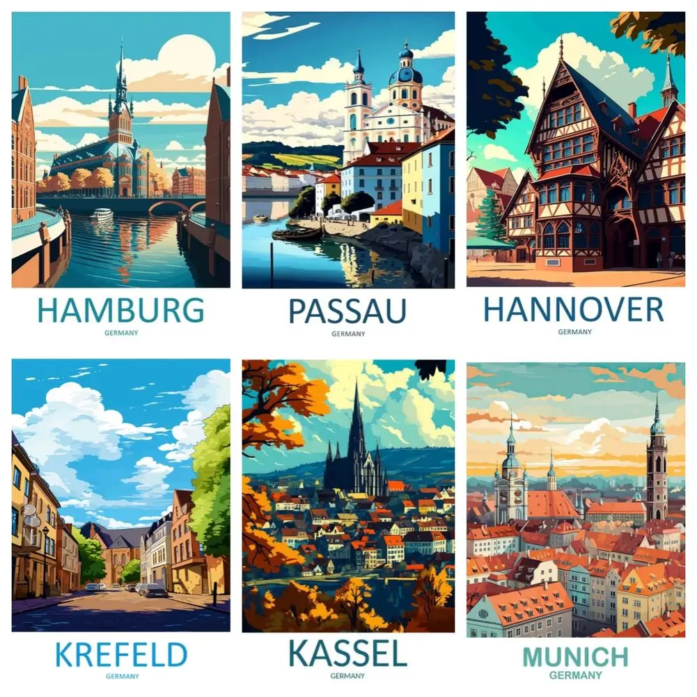 

Modern German City Art Diamond Painting Kit Full Round Drill Volwassen DIY Krefeld Hamburg Munich Berlin Passau Kassel Posters