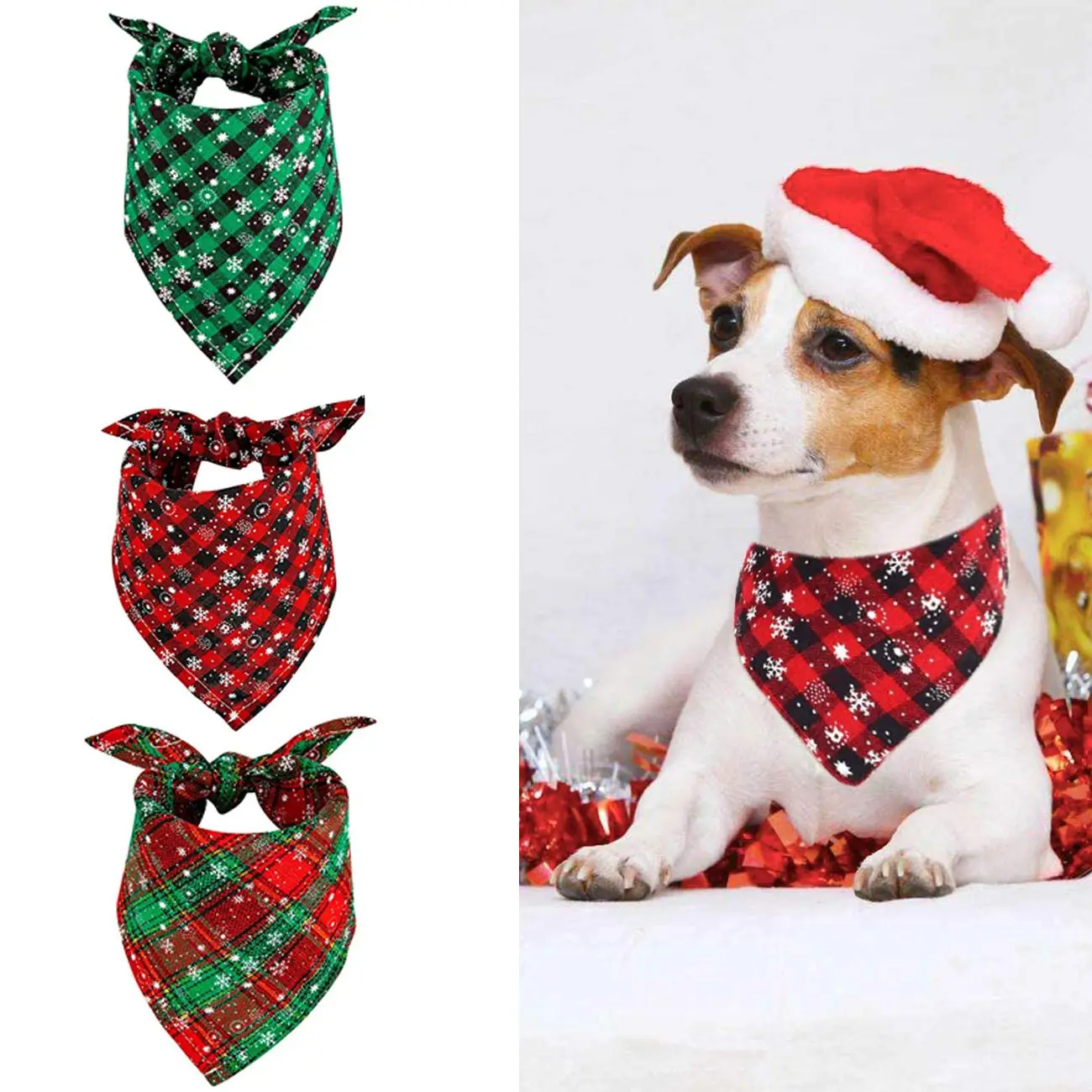 Washable Cotton Dog Bandanas Reversible Design Triangle Bids Pet Scarf Snowflakes Print Buffalo Plaid Large Dog Accessories