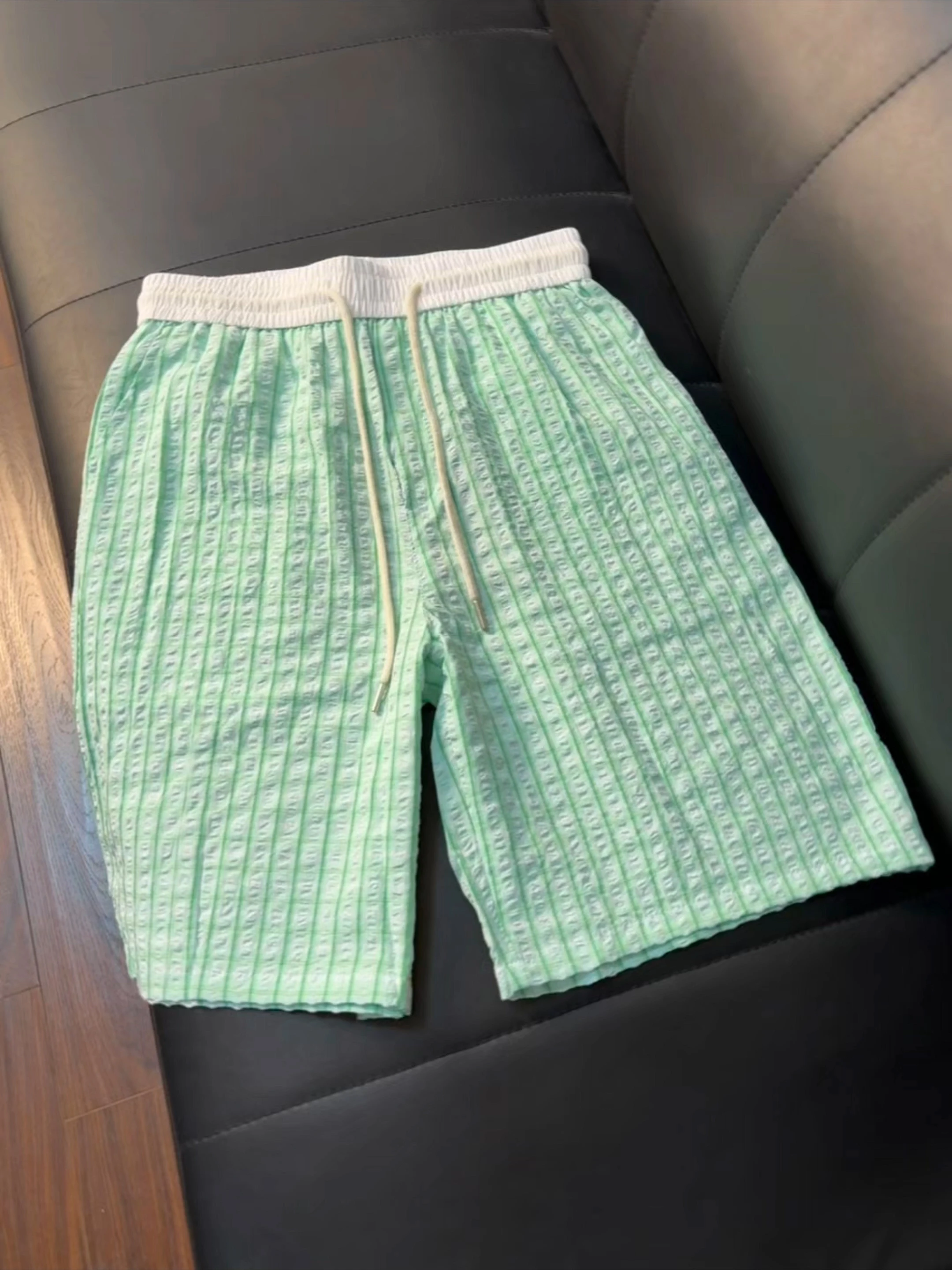 

Мятно-зеленые мужские шорты в клетку с эффектом пузырьков, быстросохнущие, летние, тонкие, из ледяного шелка, спортивные брюки для активного отдыха, пляжные, длиной до колена, повседневные, тройной длины