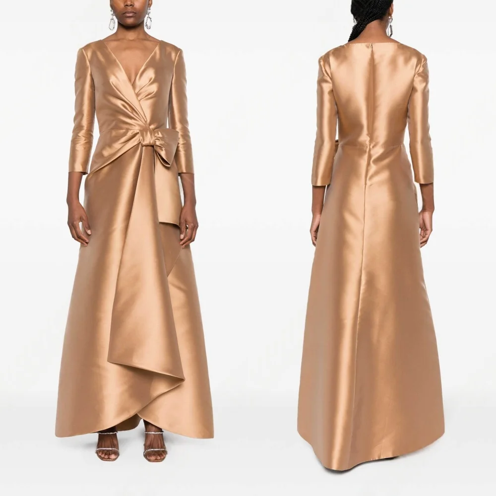 

Customized Exquisite golden Satin Evening Dress High Quality V-Neck 3/4 Sleeves Cocktail Dress Classic Zipper Back Party Dress