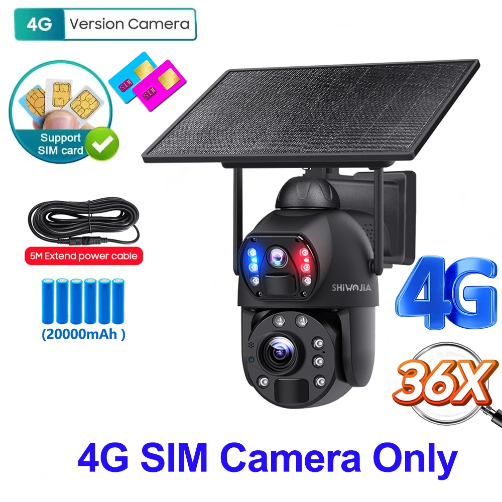 SHIWOJIA 36X ZOOM 12MP 4G SIM Solar Camera Outdoor 360° Wireless