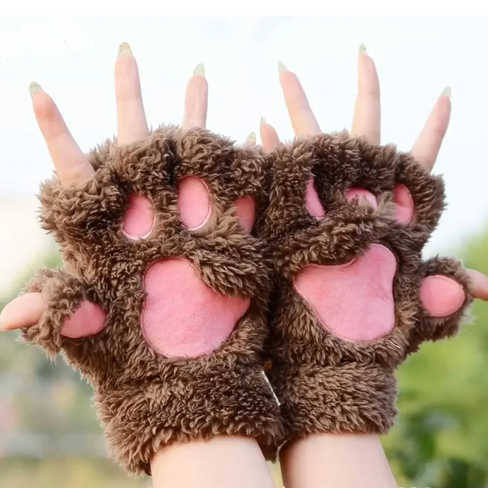 Ladies animal paw Gloves Winter Fingerless Gloves Fluffy Bear Cat Plush Paw Claw Half Finger Glove Half Cover Woman Mitten hot