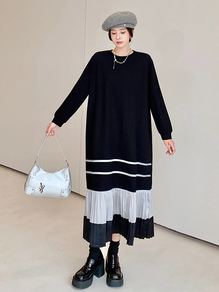 2025 خريف شتاء جديد إمرأة فستان طويل فضفاض حجم كبير رداء المرقعة الساتان هيم Elbise فساتين طويلة