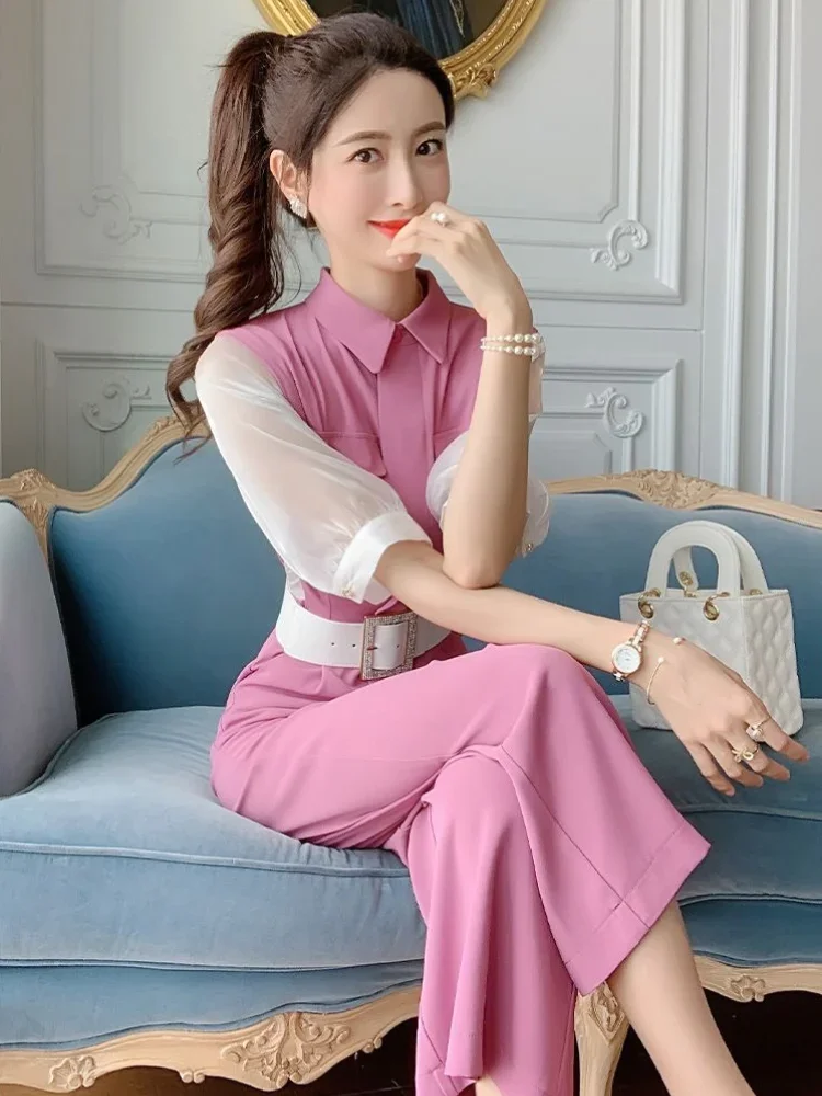 Ladies Trouser Wear To Work Professional Women\'s Blouse and Pants Two Piece Set Office Shirt Pink Wide Leg Summer 2024 Slim Fit