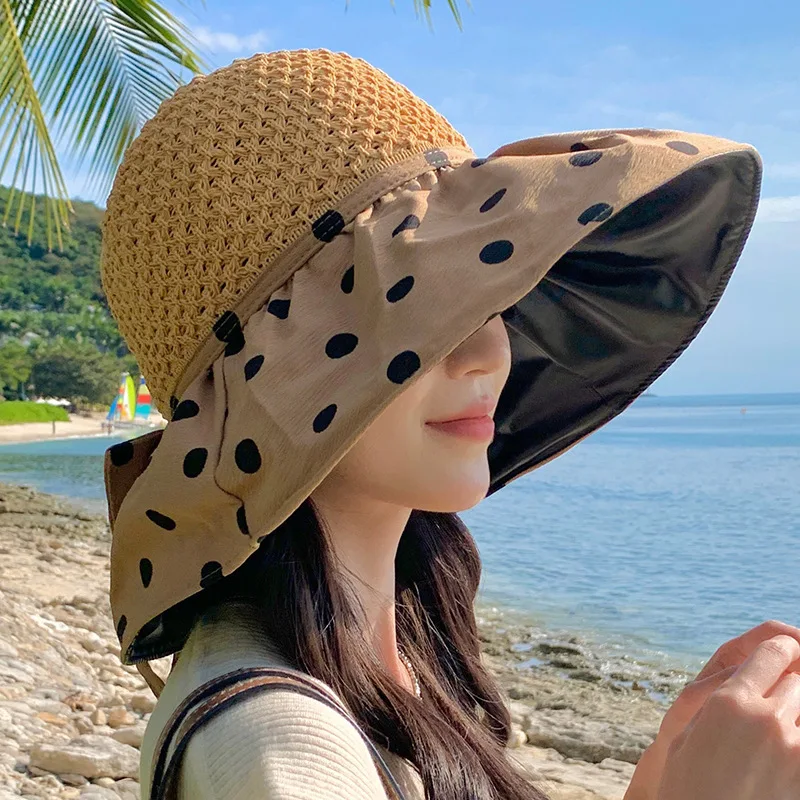 

Summer Hats For Women Travel Beach Hat Empty Top Fisherman Cap Sun Hat Female Dot Pattern With Bow Ladies Hats New